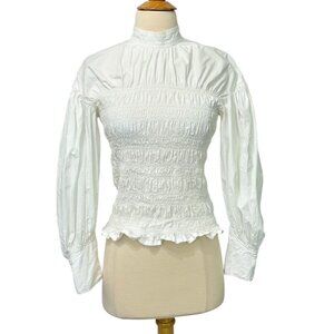 Ganni Smocked Top Crisp White Long Puff Sleeves Mock Neck Feminine Size 36 / S